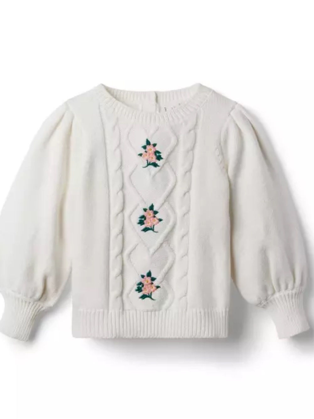 Janie and Jack Ivory Cable-Knit Sweater with Pink Floral Embroidery